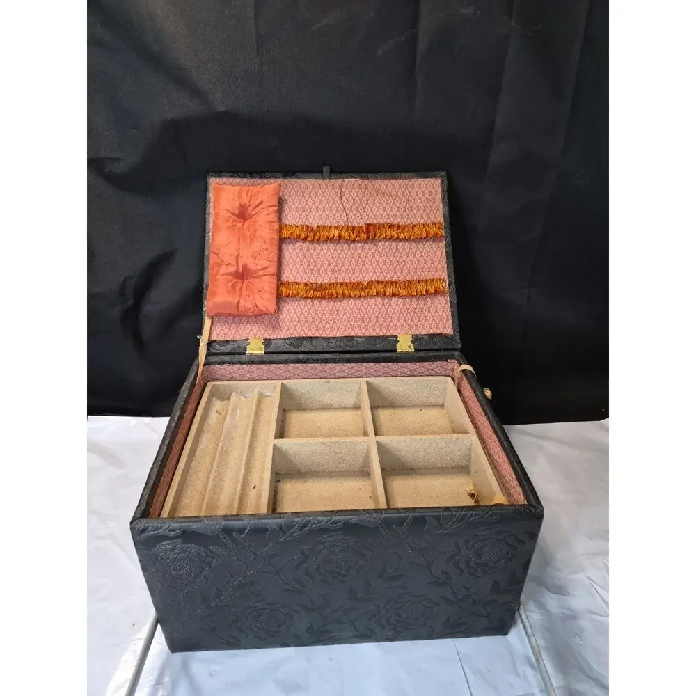 Black Flower Print Sewing Box Storage With Removable Top Tray & Pin Cushion